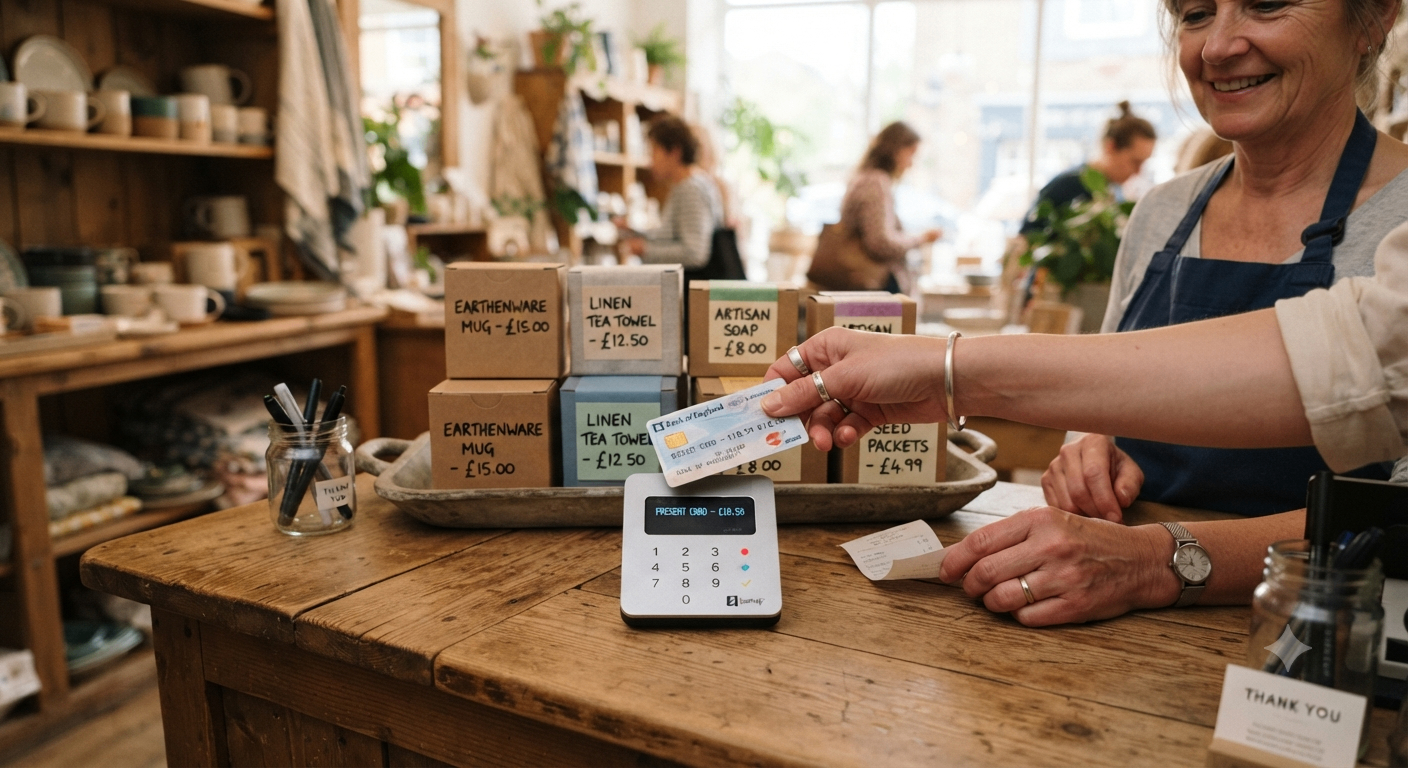 Customer paying by card at a small artisan shop counter.