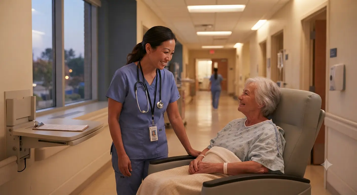 A nurse smiling and talking with an older patient in a hospital corridor.
