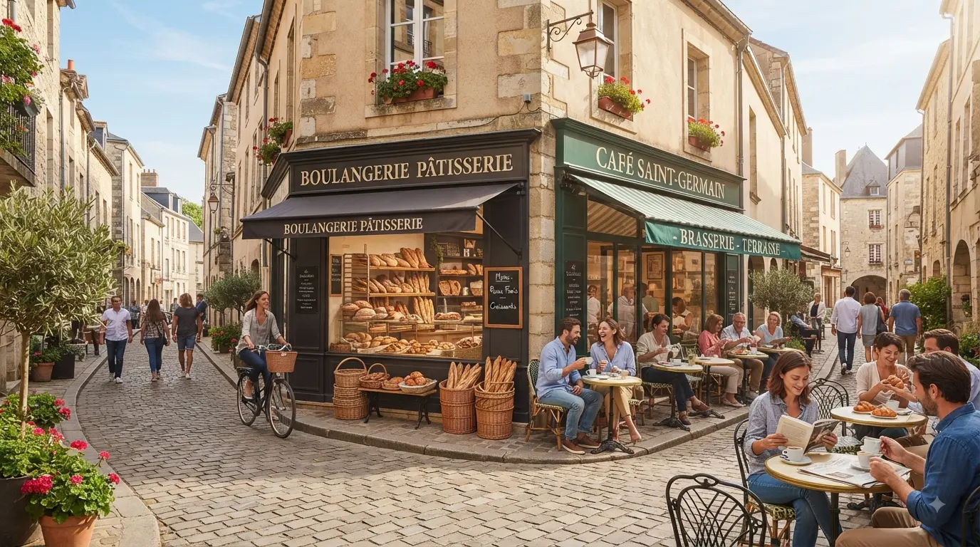 A sunny cobbled street corner with a bakery and a café terrace full of people.