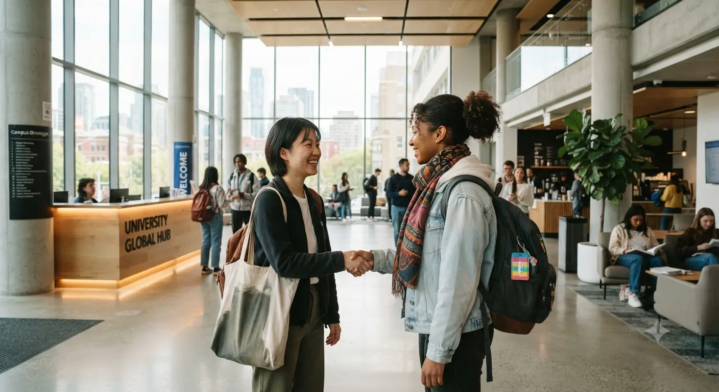 Two students smiling and shaking hands in a bright university reception
