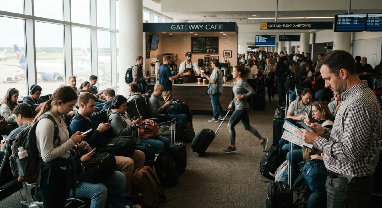 Busy airport waiting area at Gateway Café