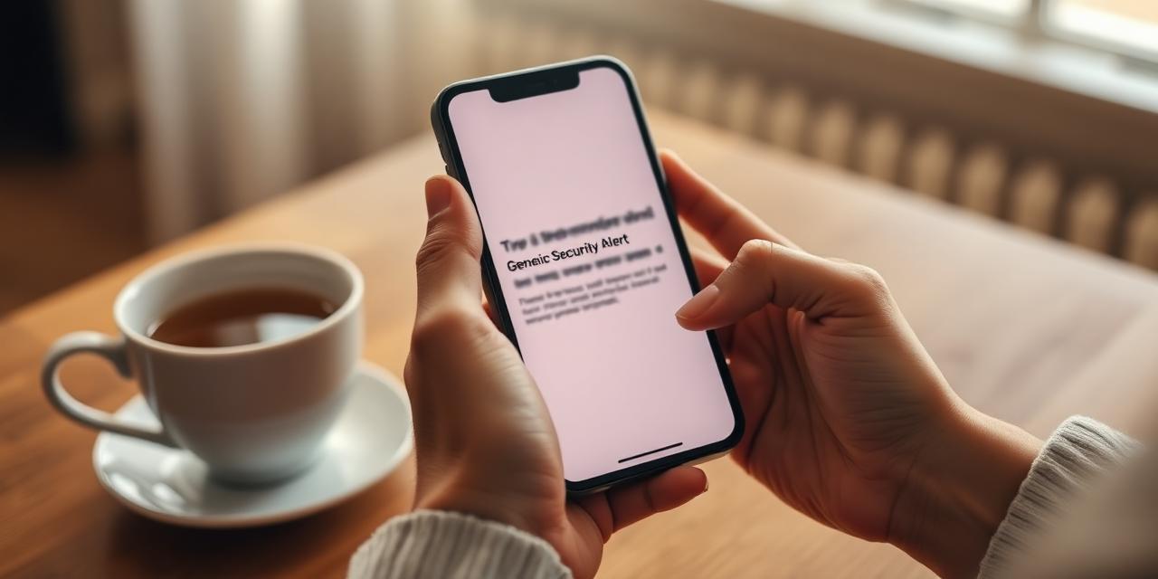 Hands holding a smartphone showing a bank security alert, cup of tea on a wooden table