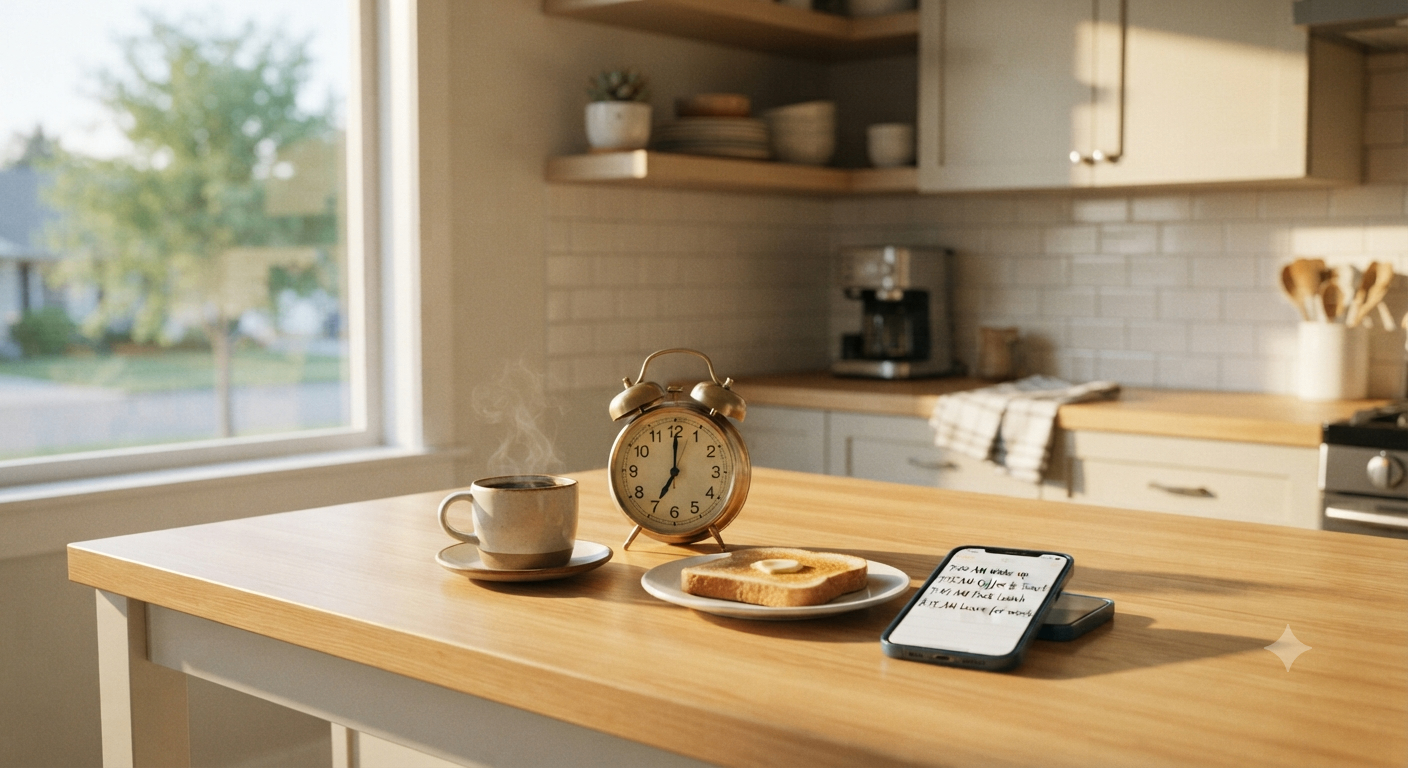 Bright morning kitchen with a mug of coffee and an alarm clock.