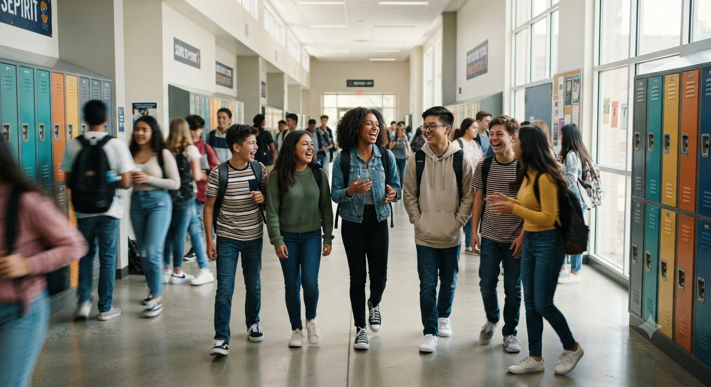 Diverse teenagers laughing and talking in a bright school hallway with colourful lockers.