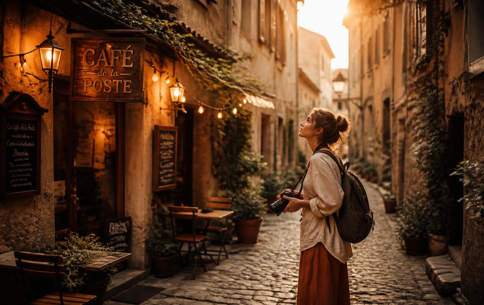 Traveller with a camera in a warm cobblestone alley at golden hour