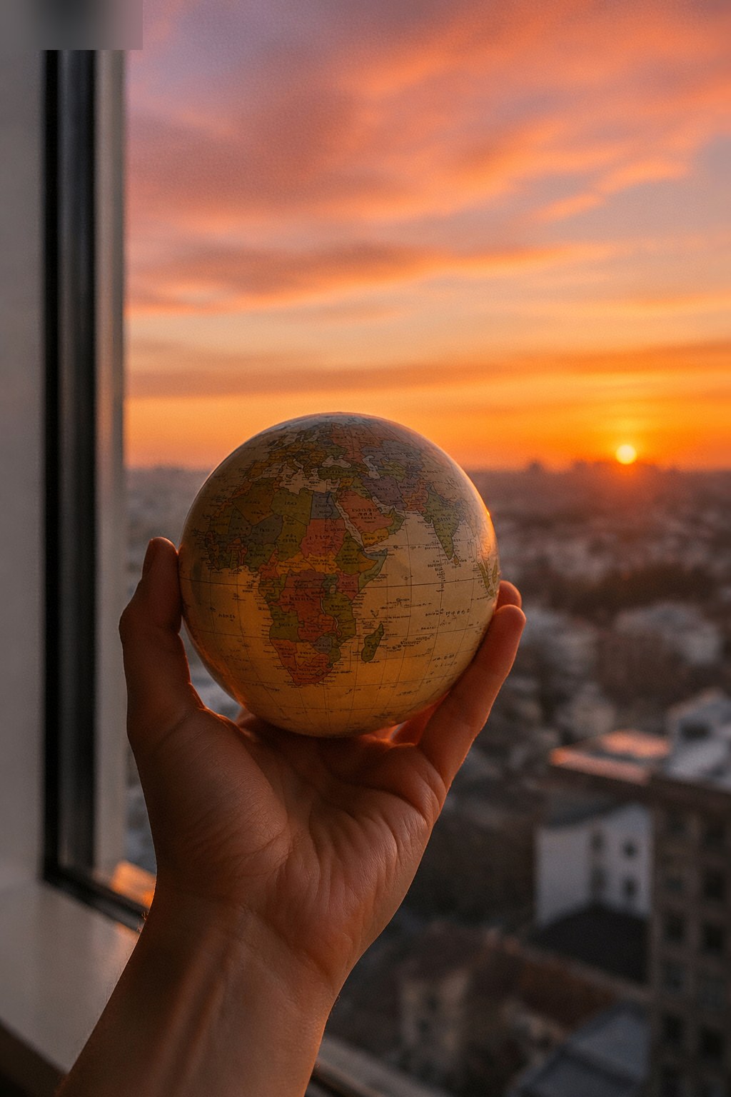 A hand holding a small globe near a window at sunset over a city.