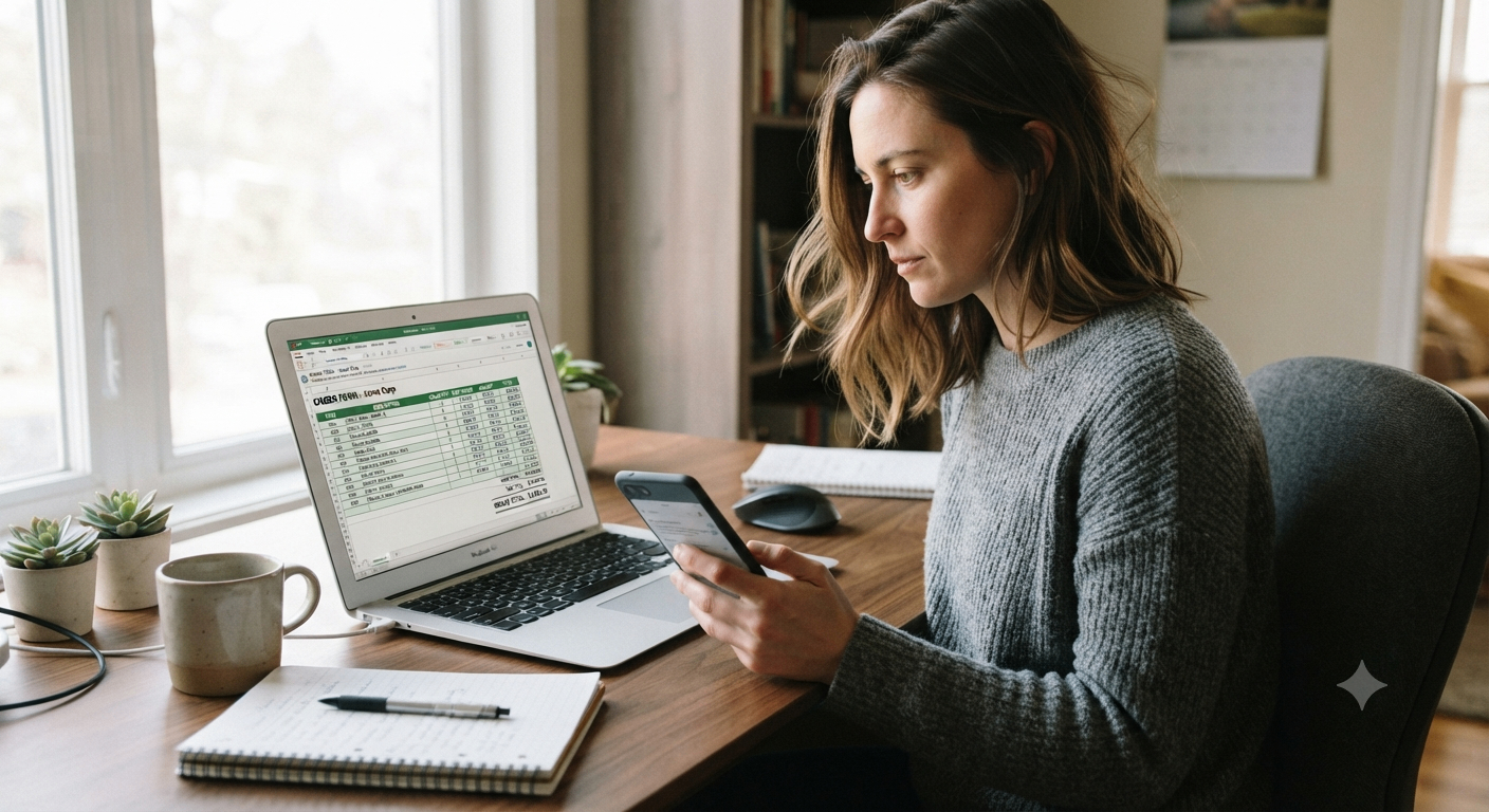 Person reviewing an order spreadsheet on a laptop while checking phone.