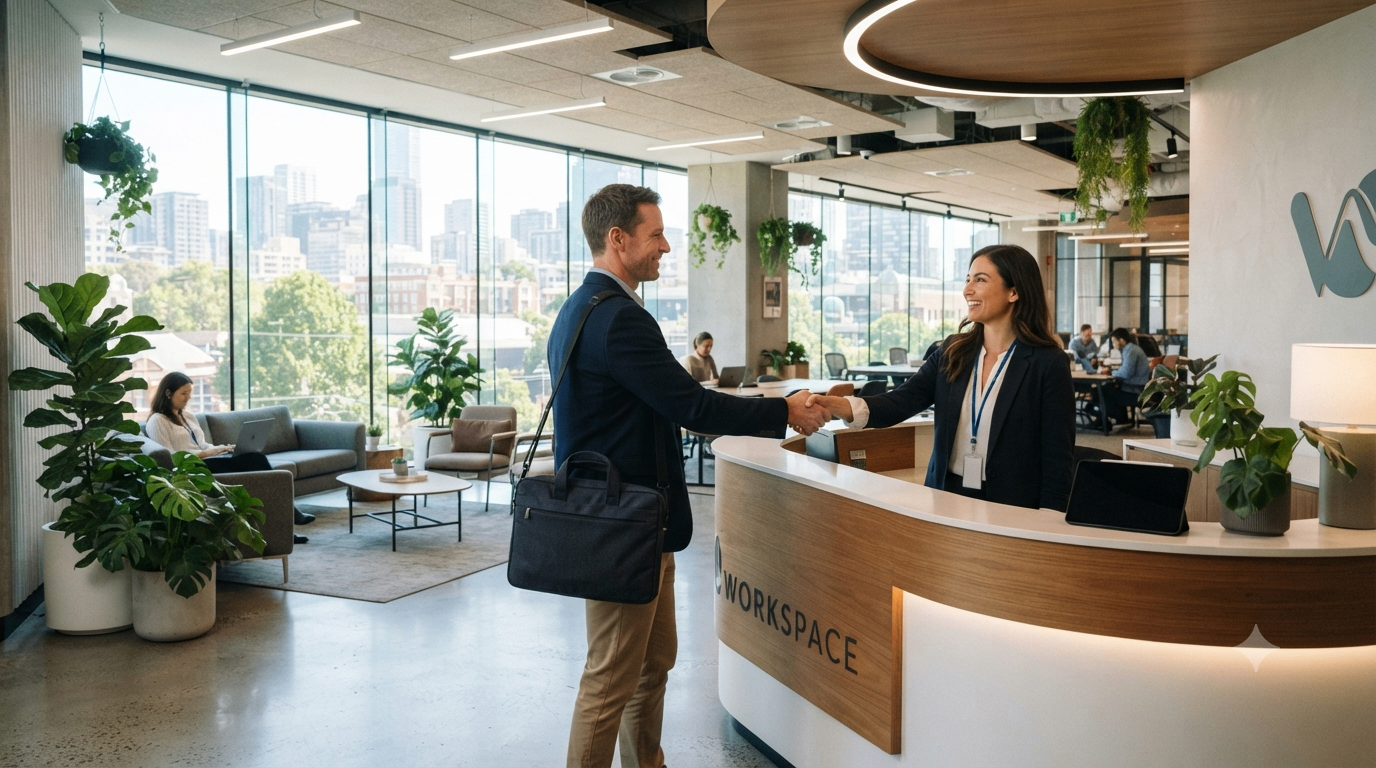 Two professionals shaking hands in a modern office lobby.