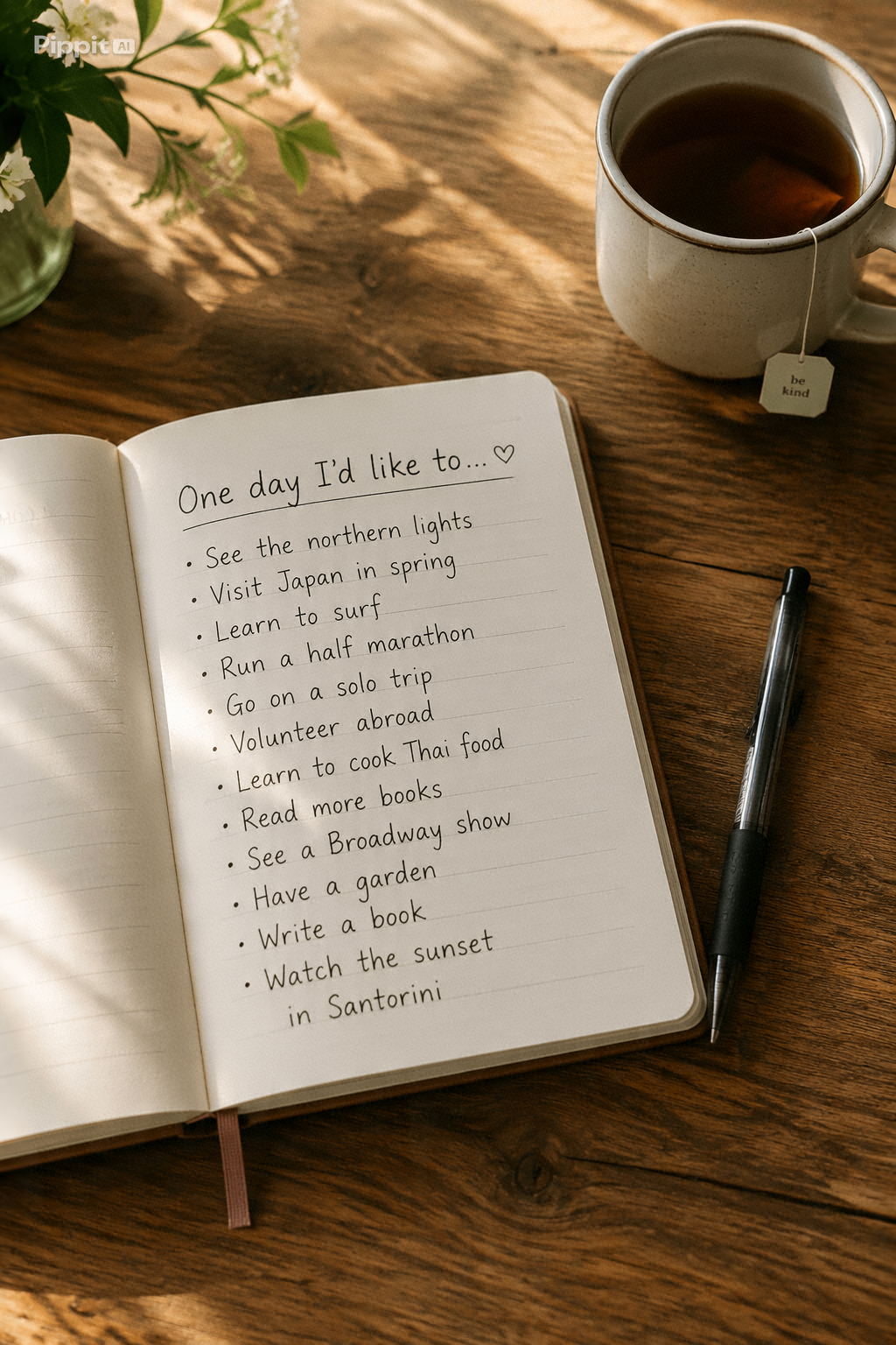 An open journal with a hand-written list 'One day I'd like to…' and a mug of tea.