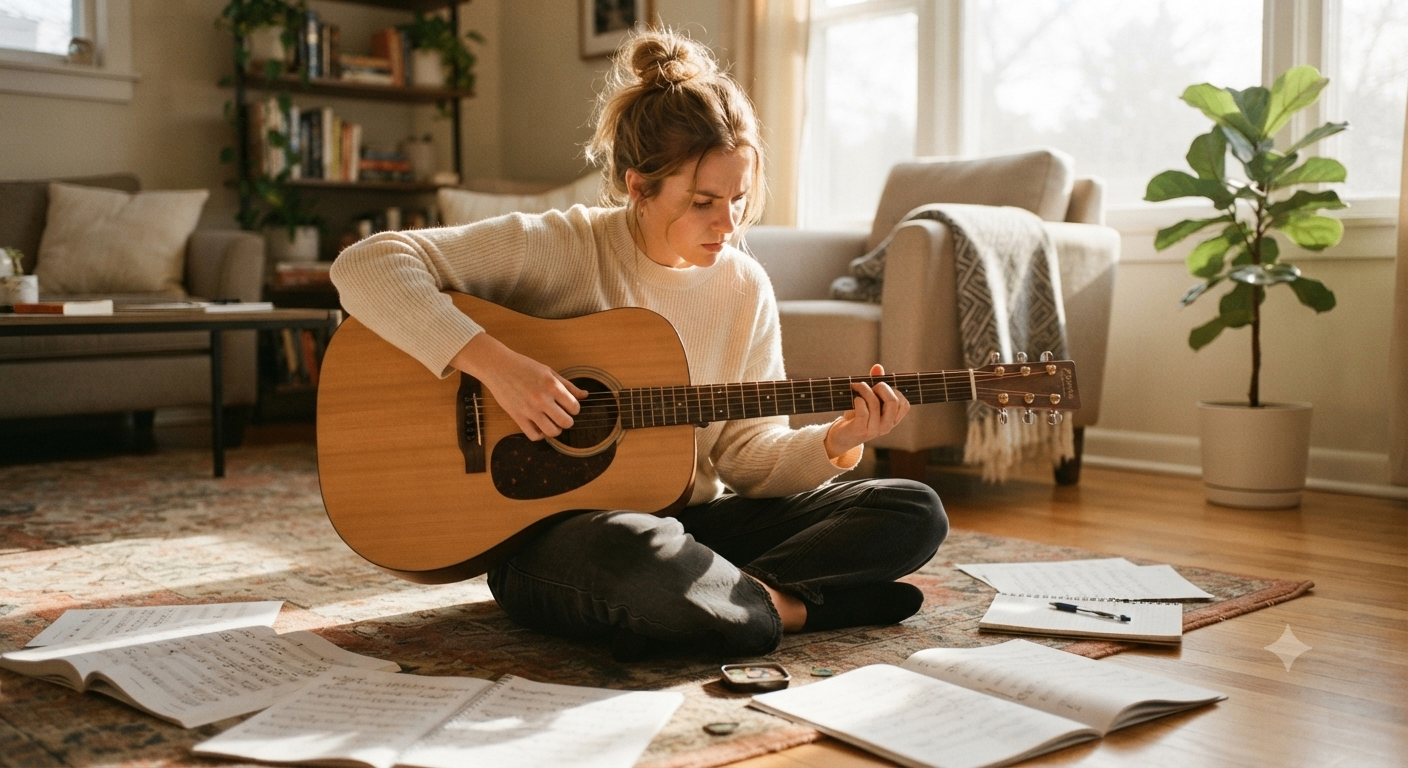 Hands playing an acoustic guitar in warm sunlight