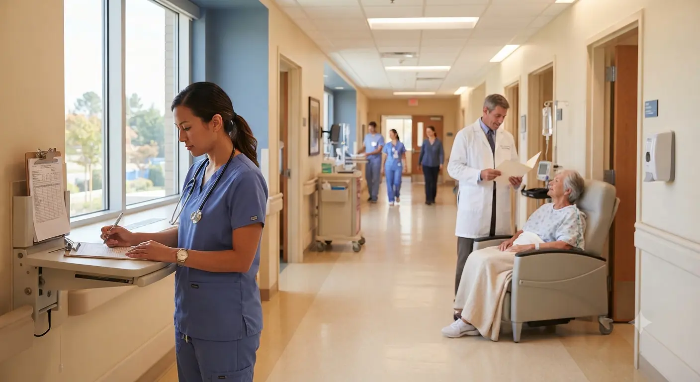 A nurse writing notes in a hospital corridor while a doctor talks to a patient.