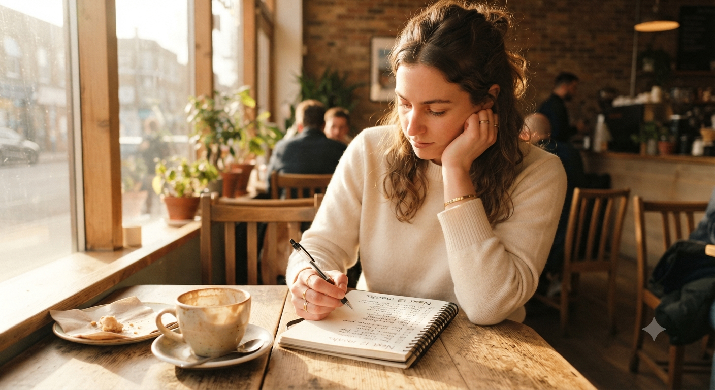 A person writing a 12-month career plan in a cafe notebook.