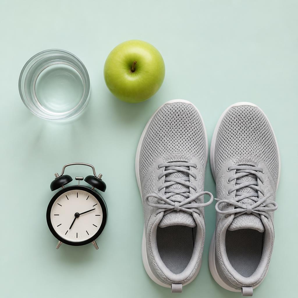 A glass of water, a green apple, walking shoes and a small alarm clock — a wellness flat lay.