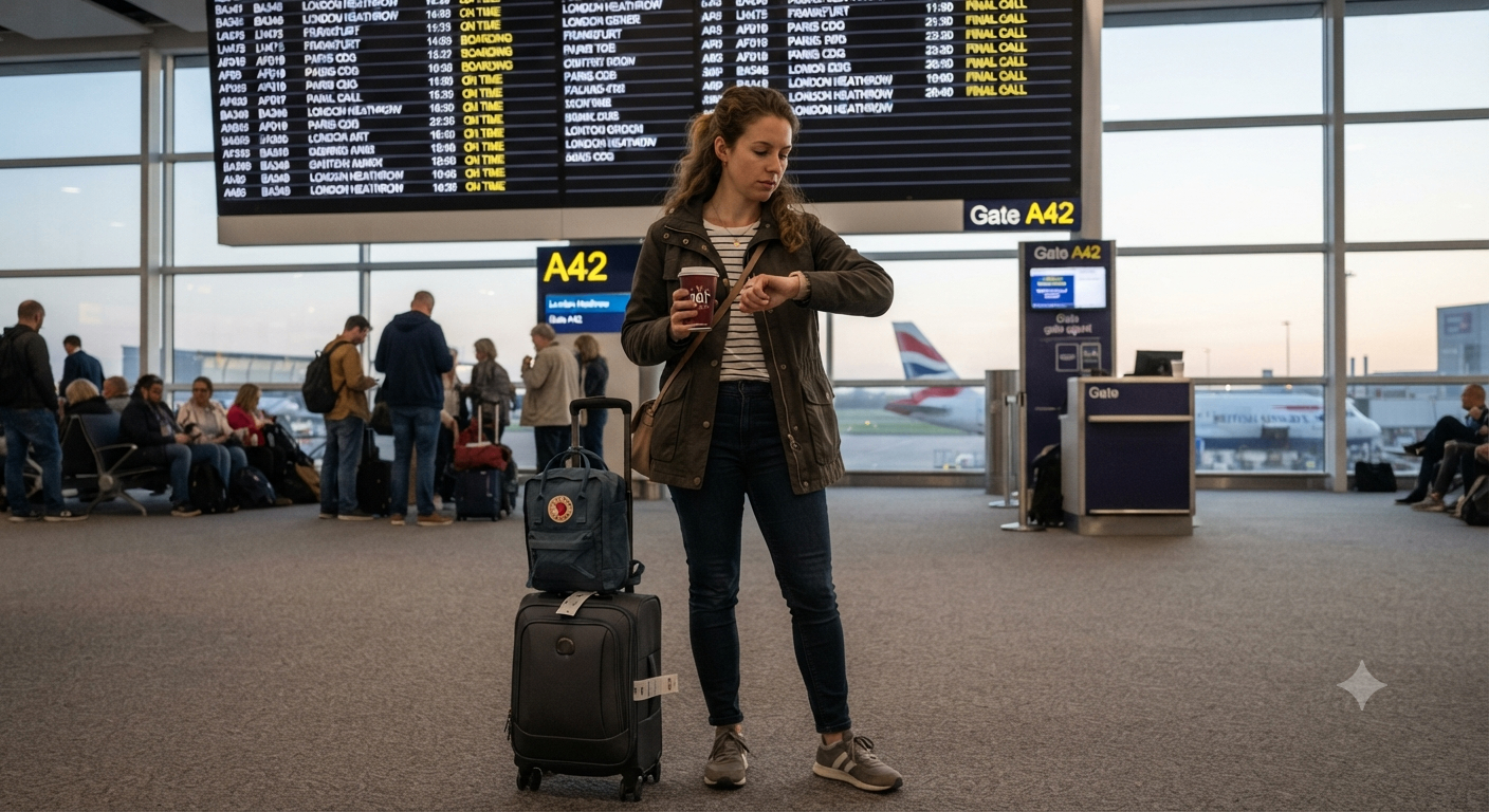 Business traveller at an airport gate checking a boarding pass on a phone.