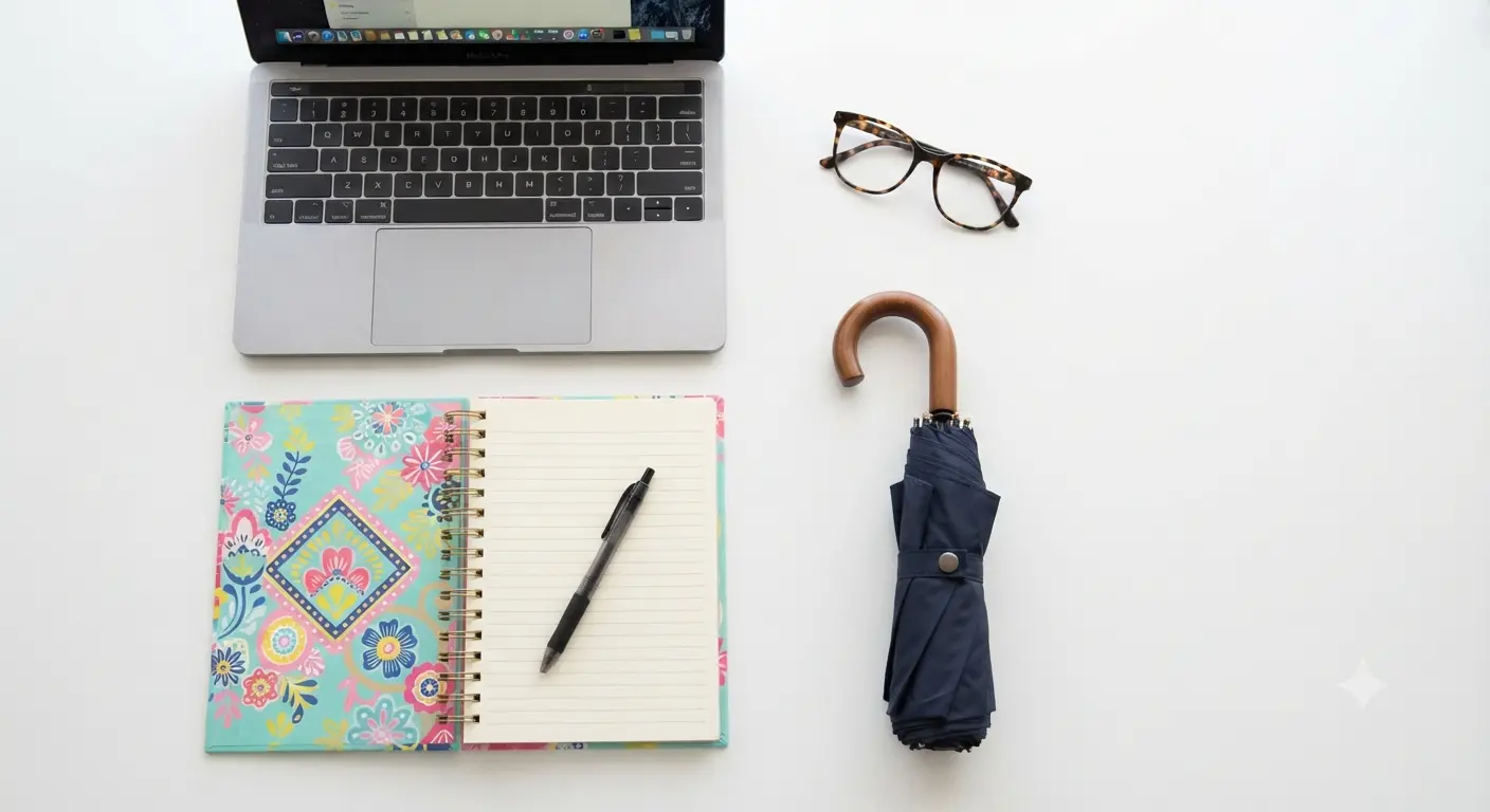 A laptop, notebook, pen, glasses and umbrella seen from above on a white desk