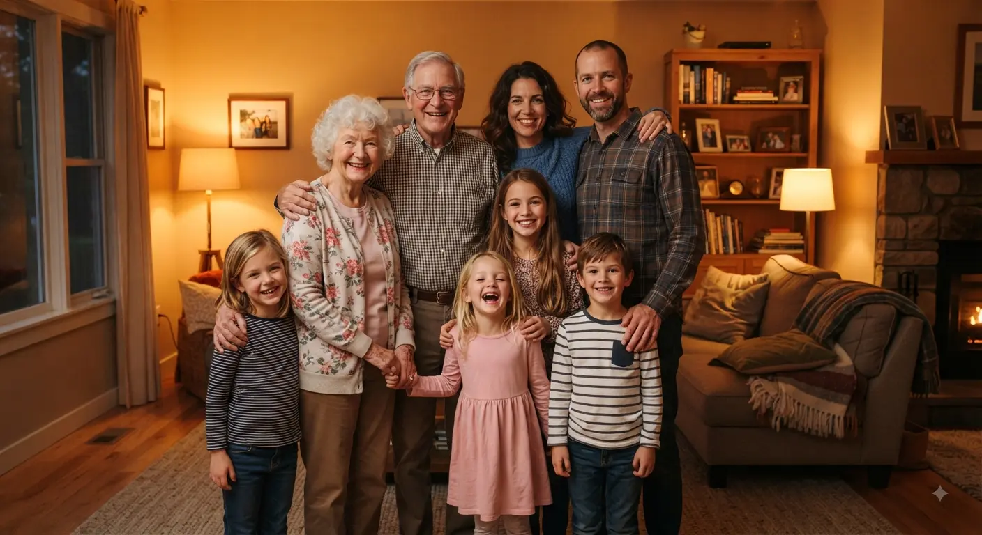 A happy multi-generational family standing together in a living room.