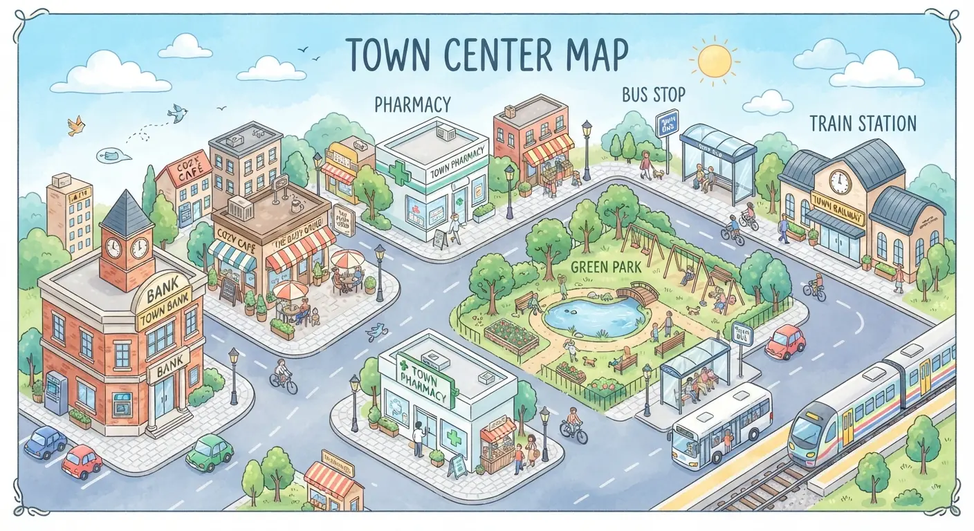 An illustrated town centre map with a bank, café, pharmacy, park, bus stop and train station.