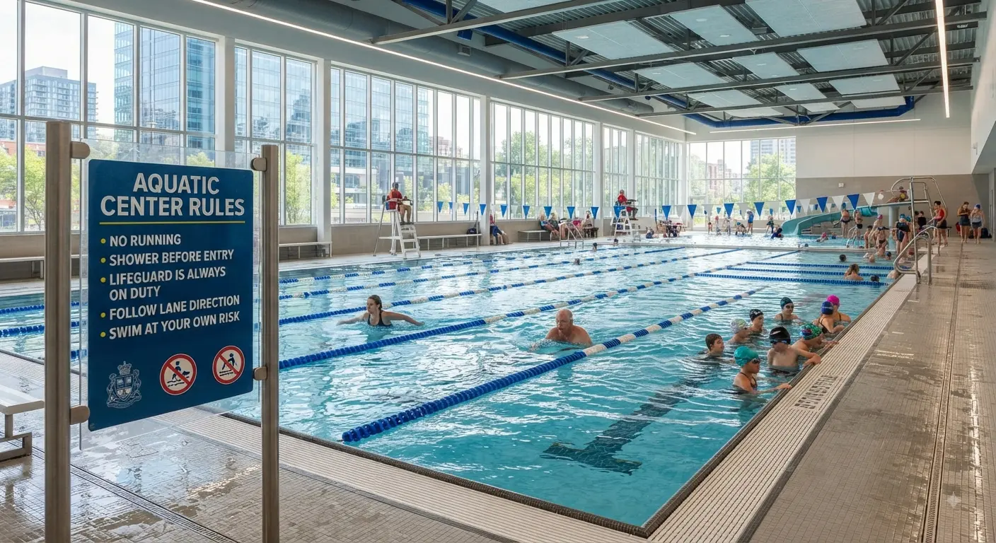 A city aquatic centre with swimmers in lanes and a large pool rules sign.