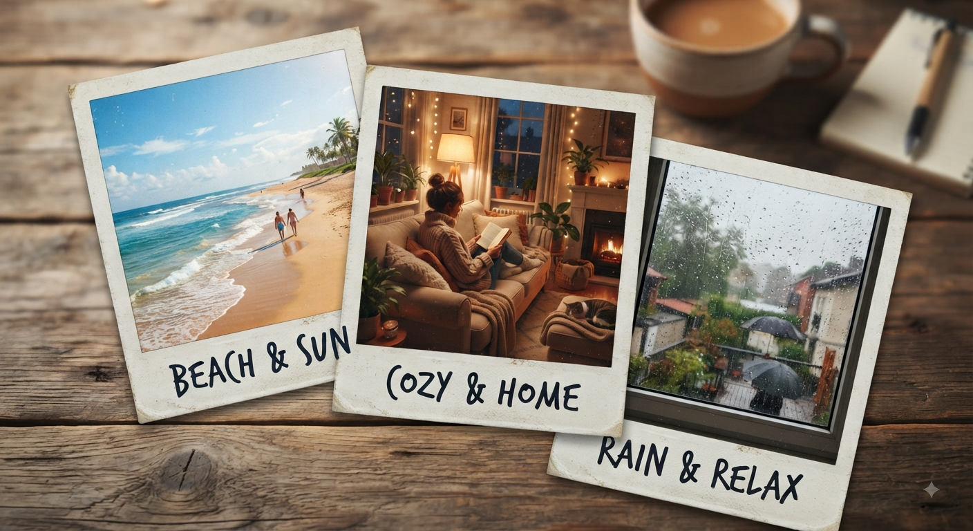 Three polaroid photos on a wooden table: a beach scene labeled 'BEACH & SUN', a cozy indoor scene labeled 'COZY & HOME', and a rainy window view labeled 'RAIN & RELAX'
