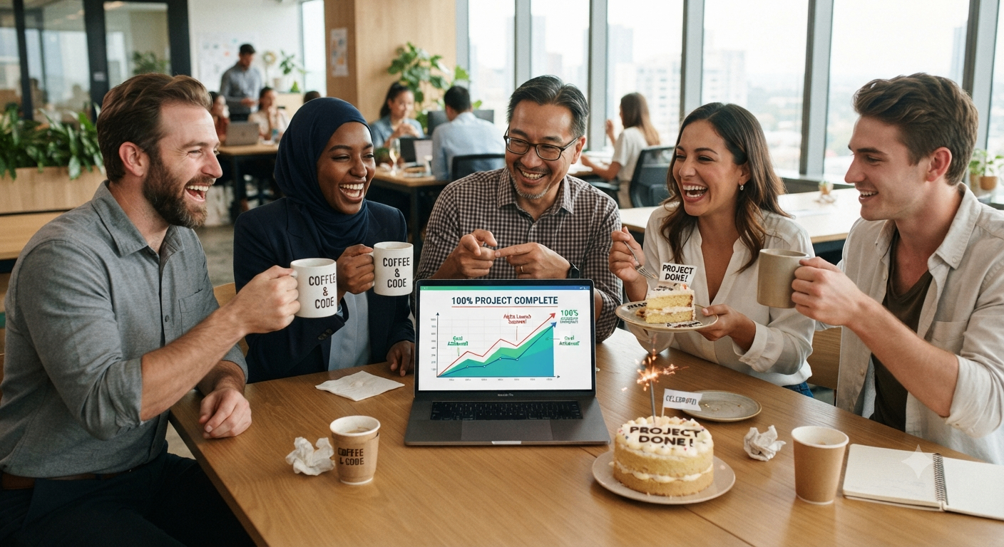 A small diverse team celebrating a finished project around a laptop and a small cake.