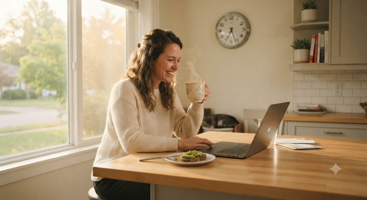 A cheerful morning scene at a kitchen counter with coffee and a phone.
