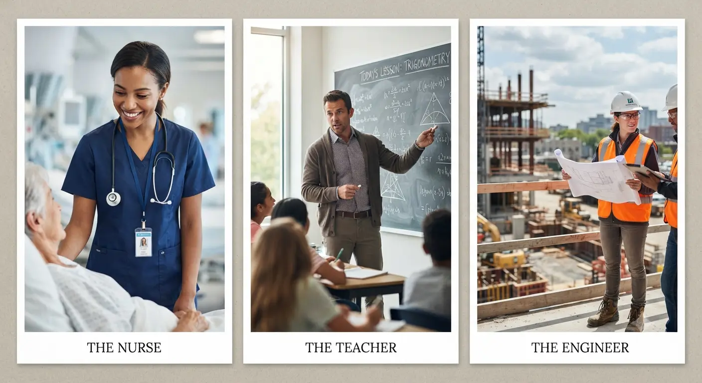 Three photo cards showing a nurse, a teacher and an engineer at work