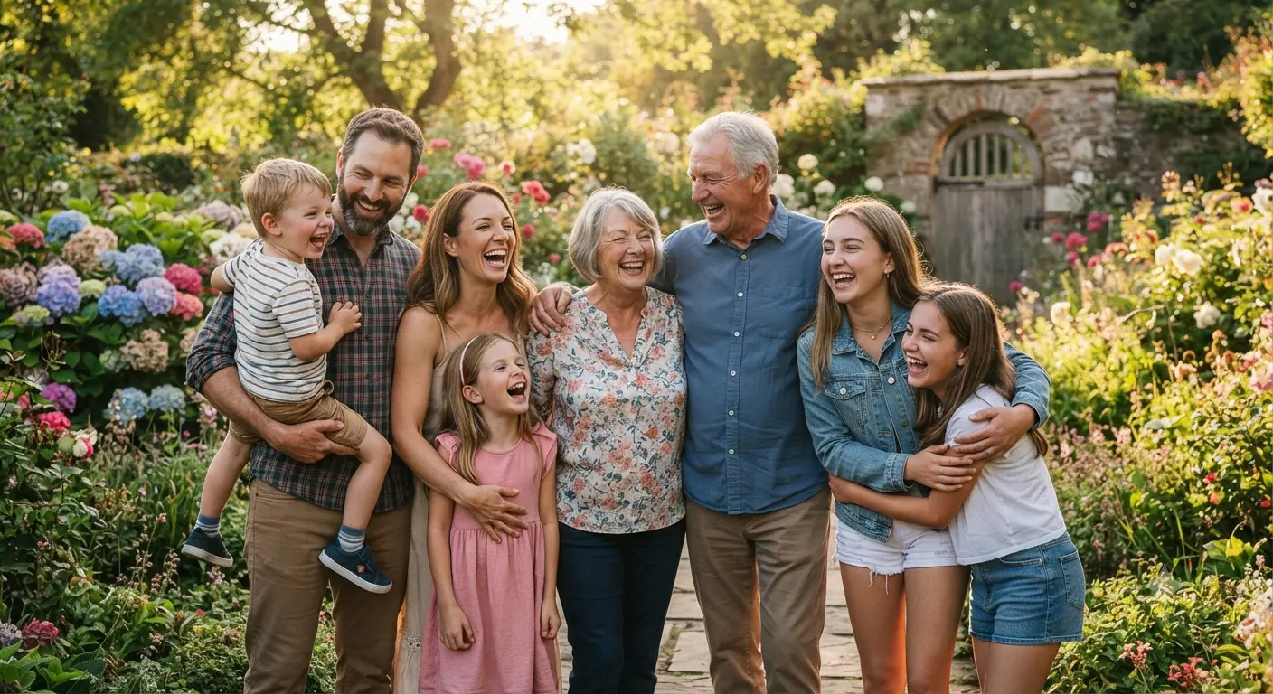 Three generations of a family laughing together in a sunny garden