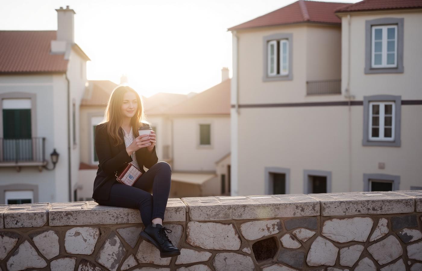 Person on a sunny wall in Lisbon with a coffee — a small happy moment