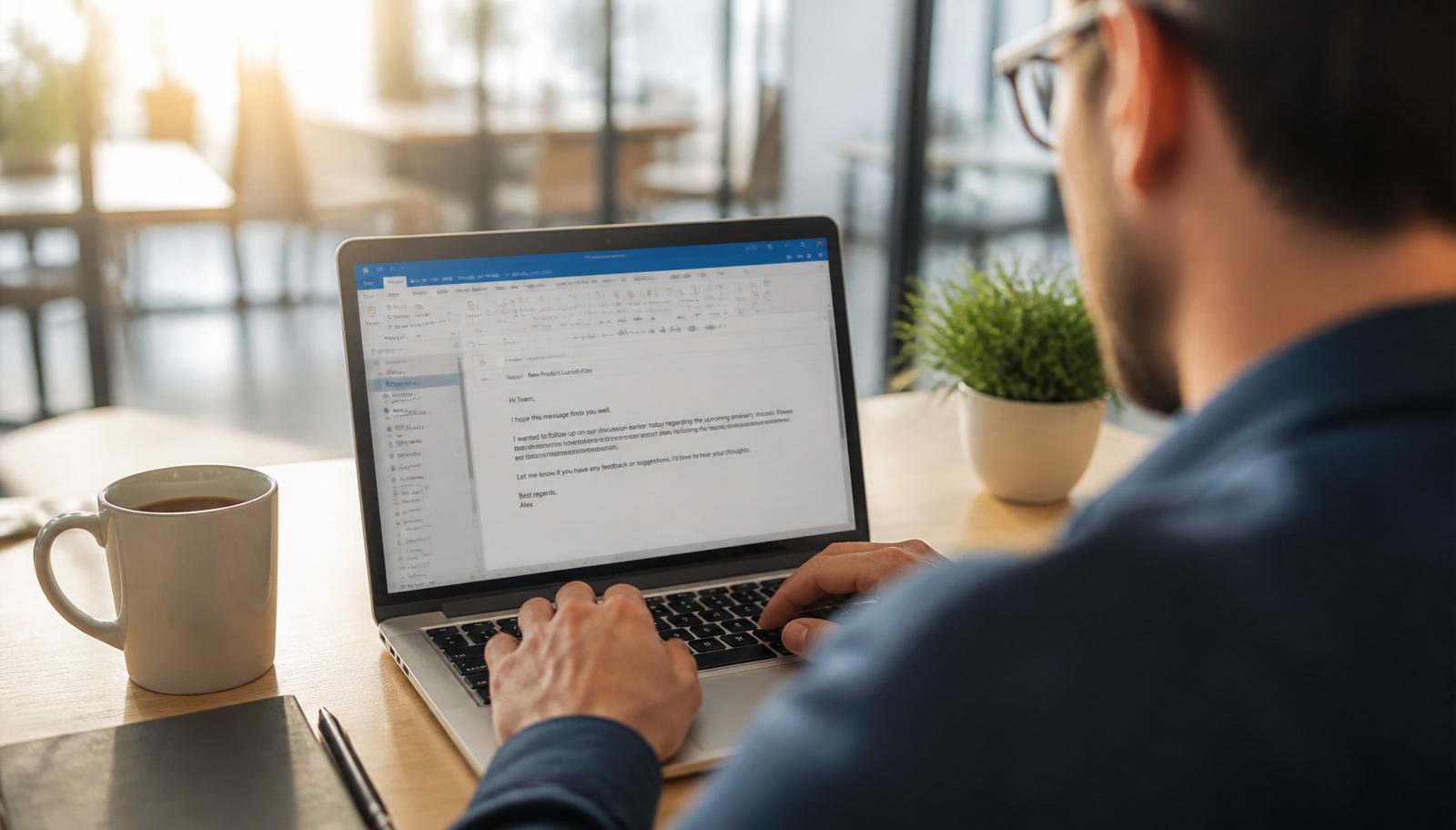 A laptop showing a well-written email on a calm desk