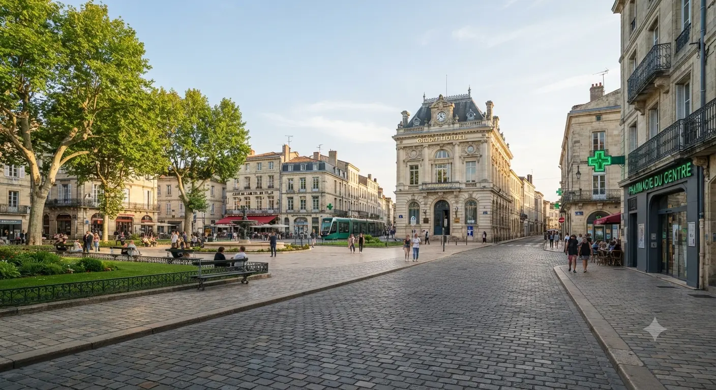 A European town square with a bank, a pharmacy, a tram and cafés