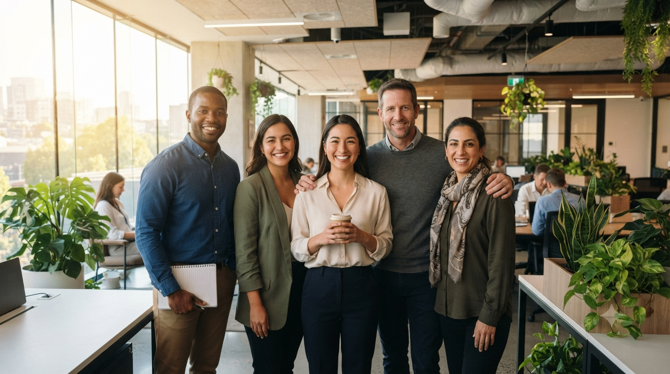 Diverse team standing together in a sunlit office.