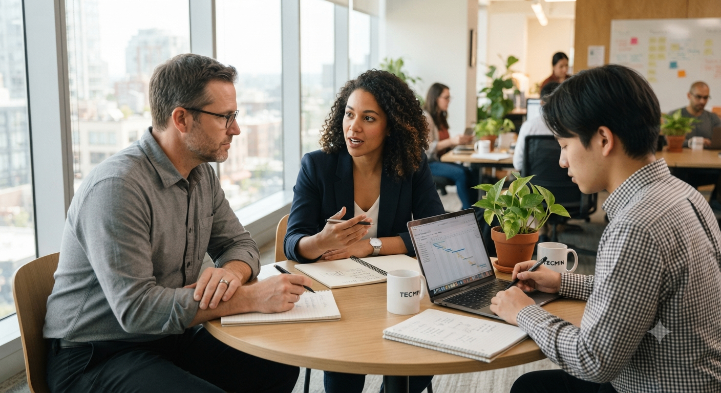 Three colleagues in a focused meeting.