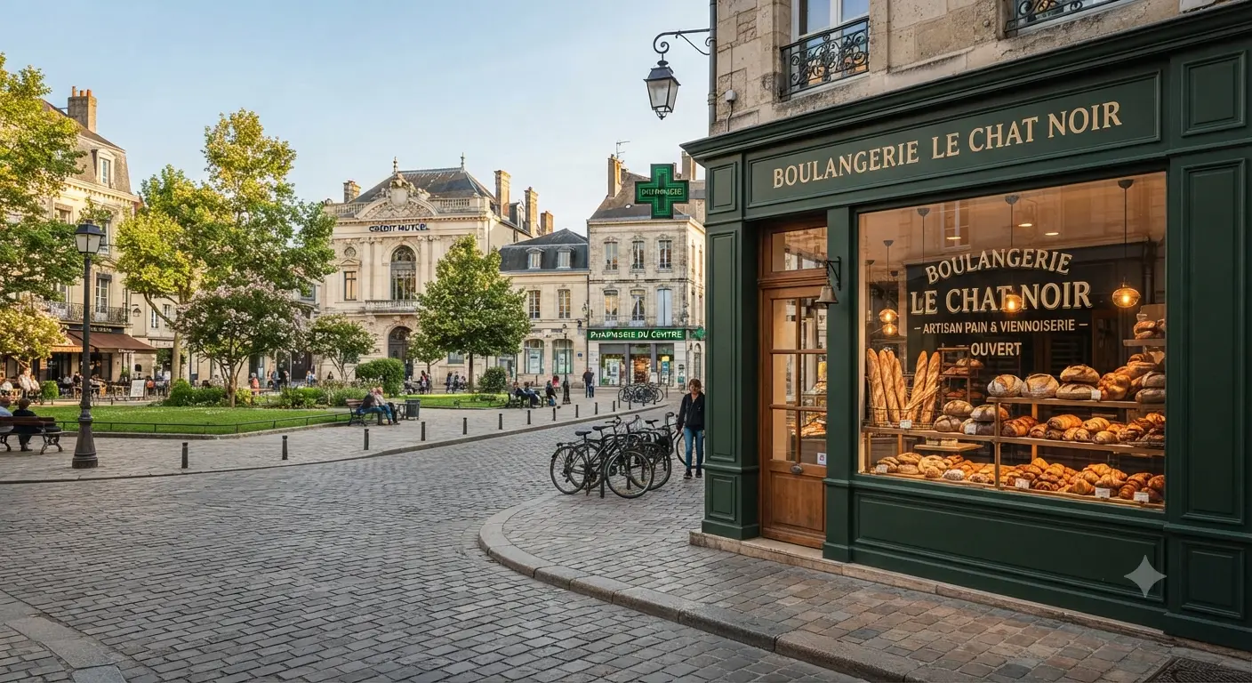 A corner bakery with fresh bread in the window on a cobbled town square