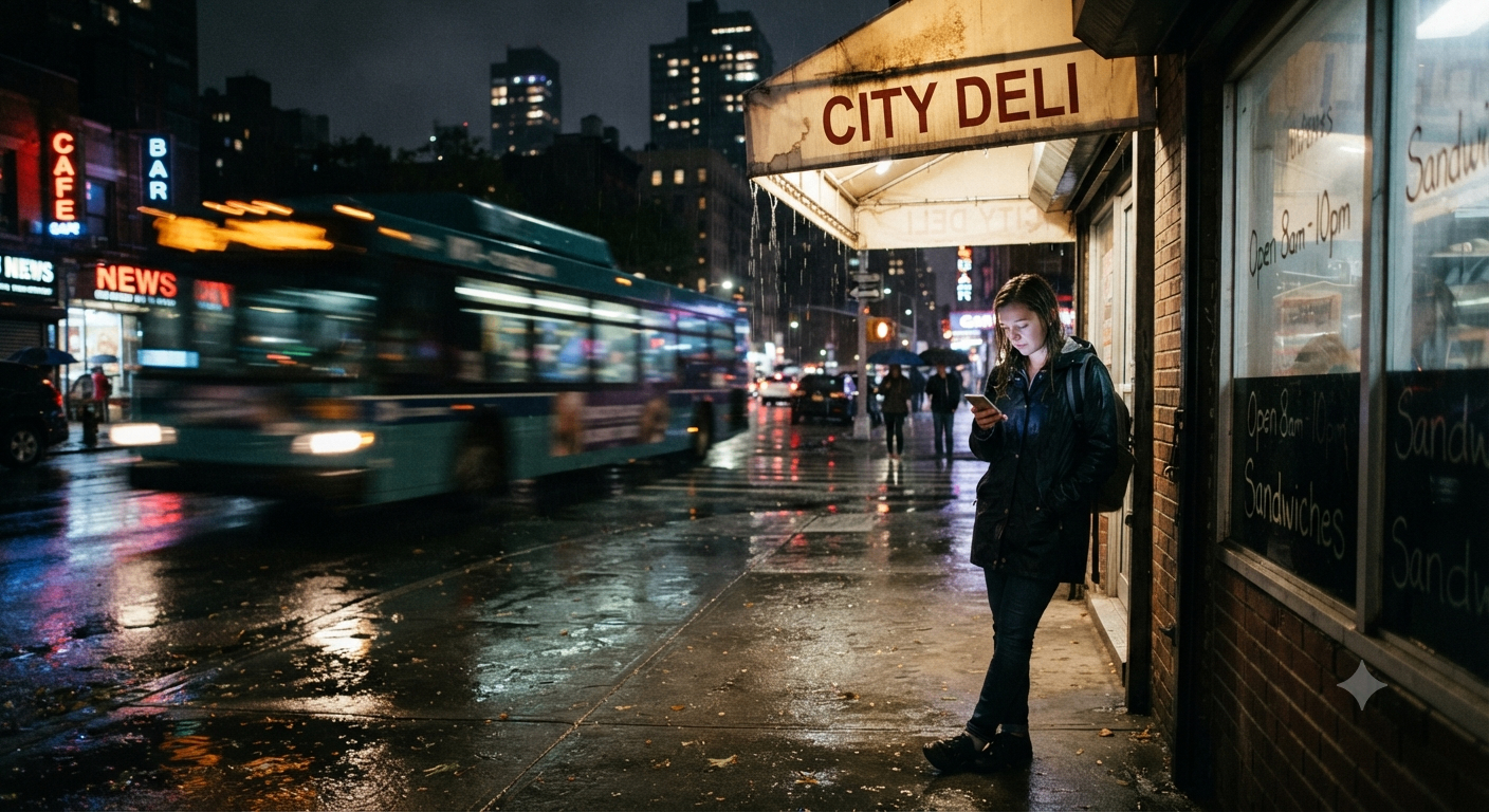 A woman checking her phone outside a small deli on a rainy night