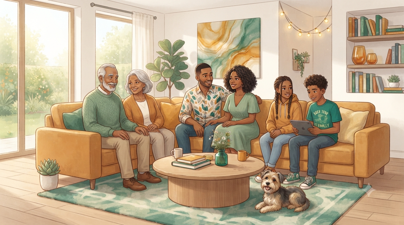 A multi-generational family sitting together in a bright living room with their dog.