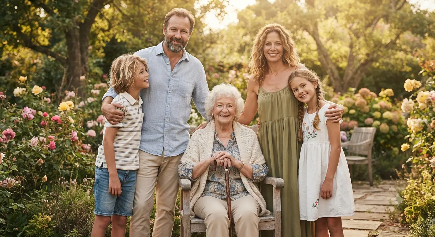 Three generations of a family smiling together in a sunny garden.