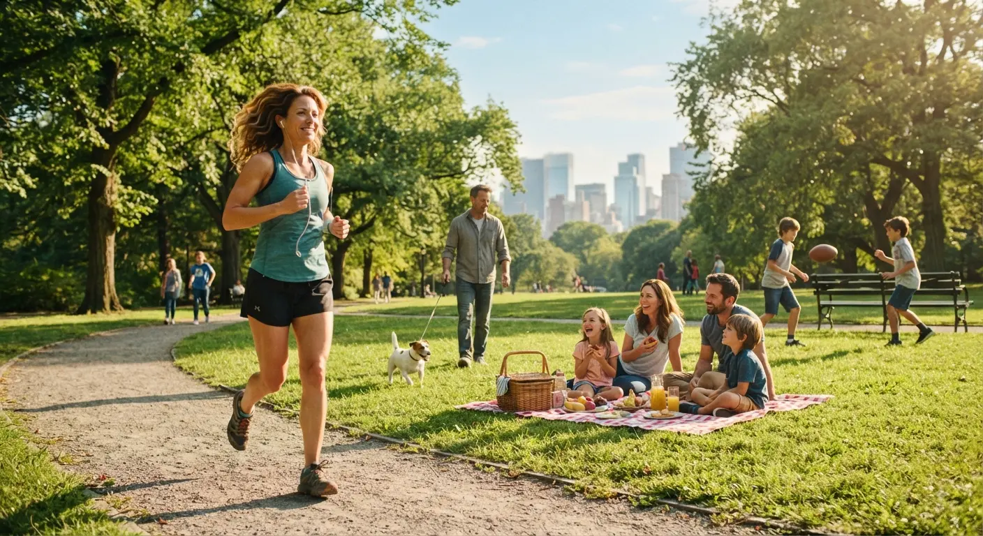 A busy city park with joggers, a family picnic, a man walking a dog and children playing football.