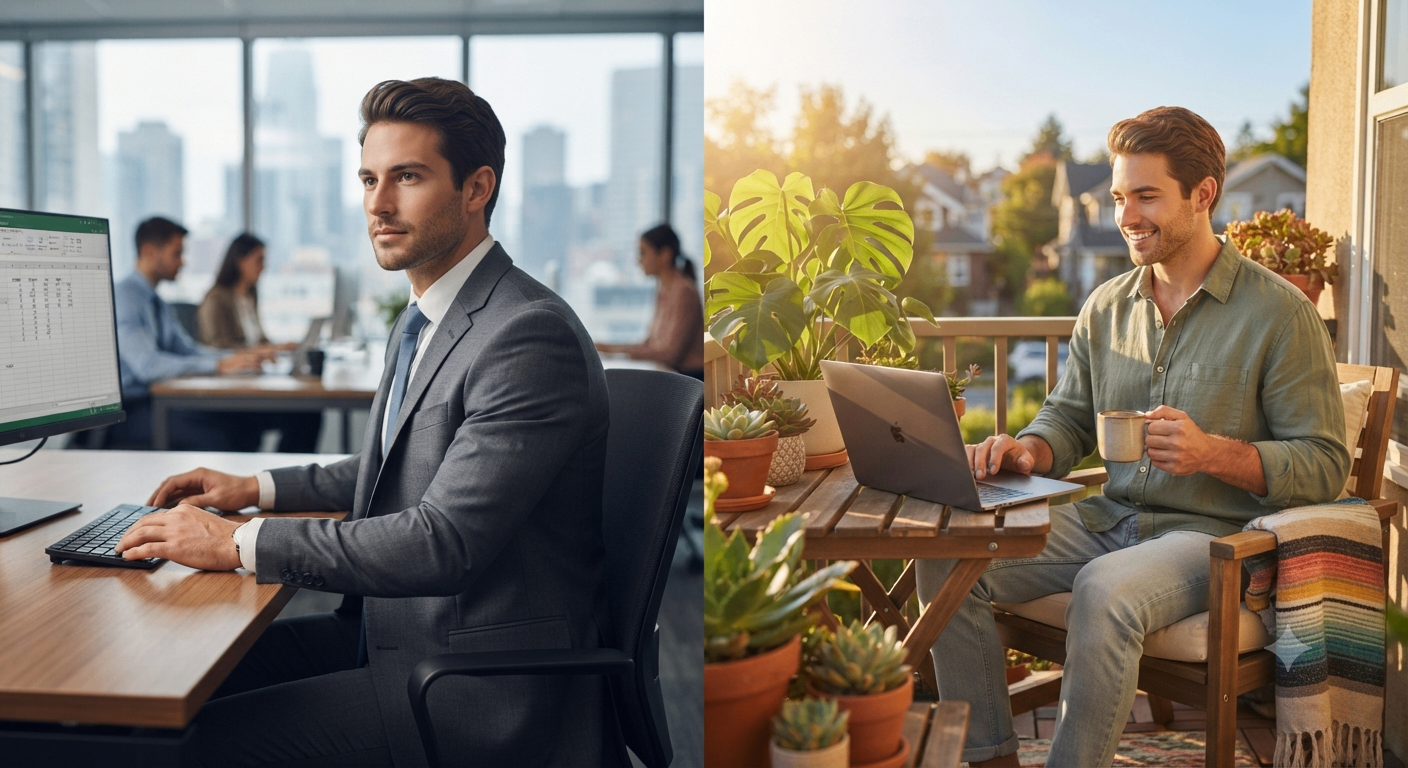 Split scene: office suit vs sunny balcony work