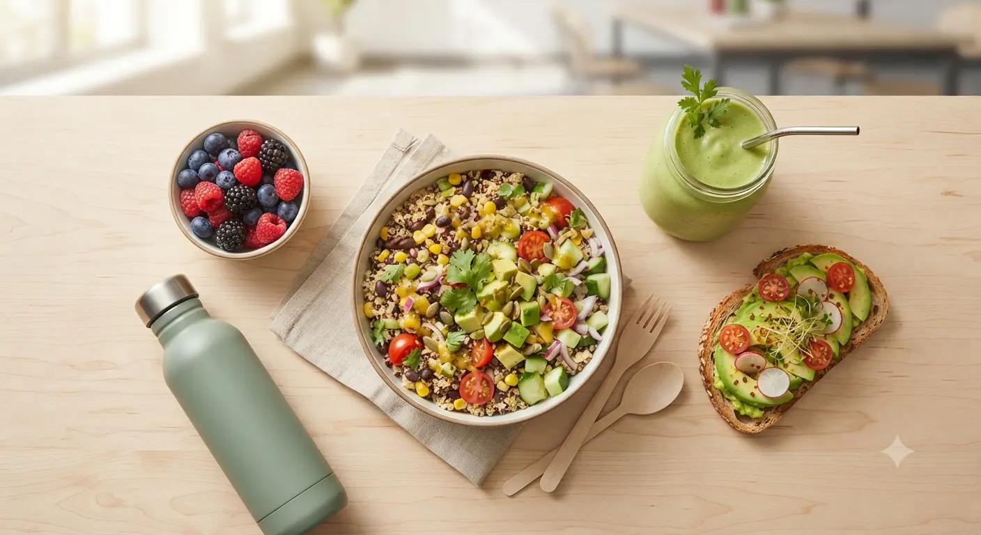Healthy teen lunch flat-lay: quinoa salad bowl, green smoothie, avocado toast, berries and a water bottle on a wooden table.