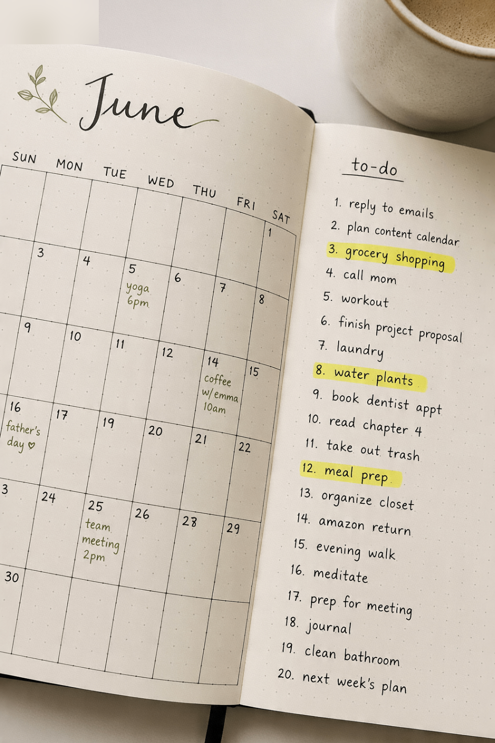 An open desk diary with 'for six years' and 'since 2019' written side by side, a coffee cup, a phone showing a message.