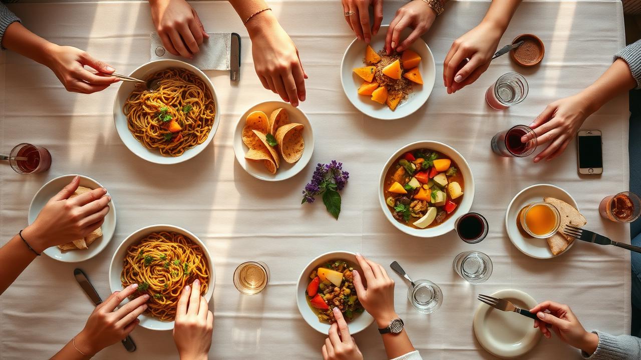 Friends sharing a table full of dishes from different cuisines