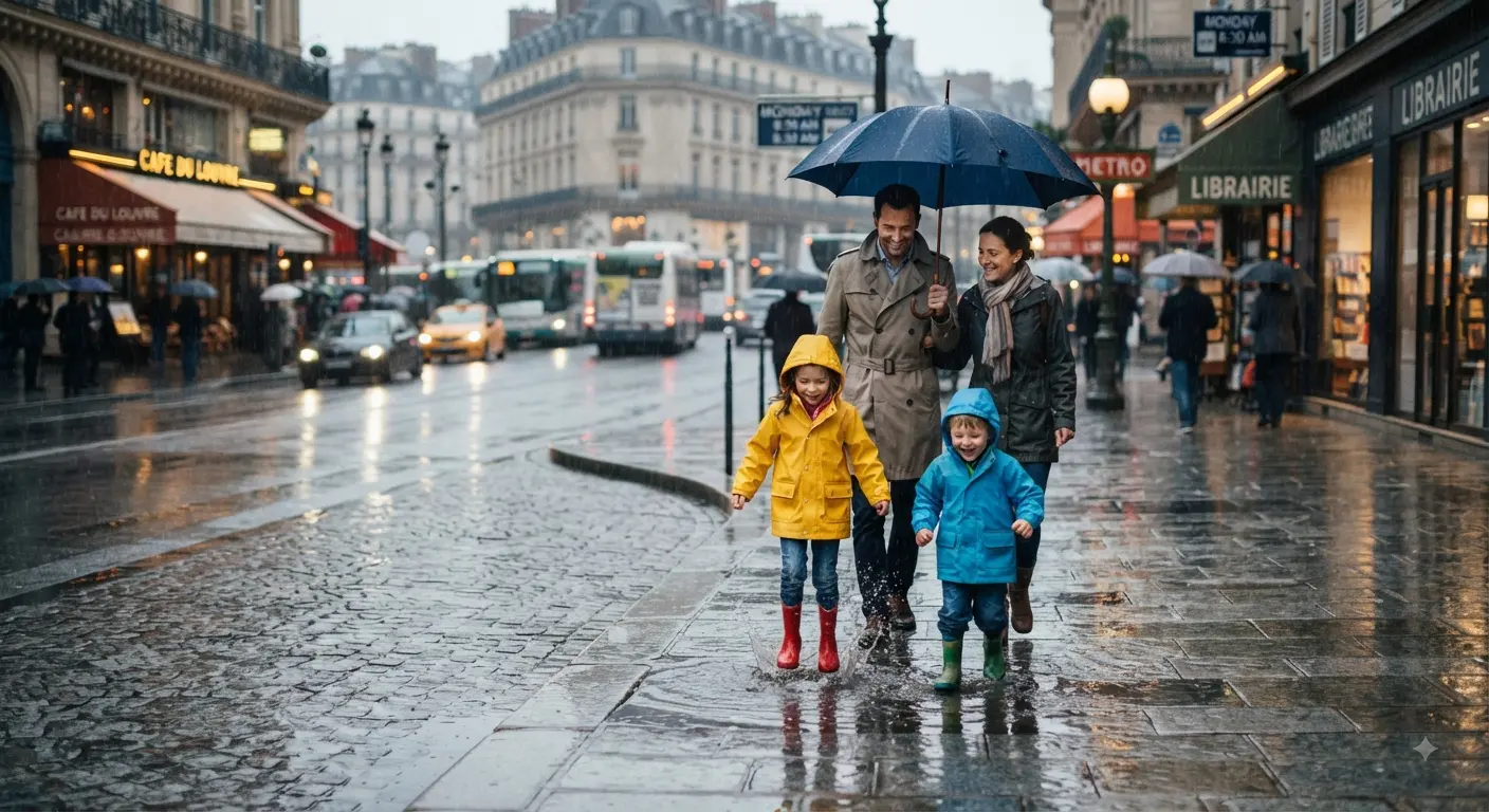 A family walking in the rain on a city street, children jumping in puddles.