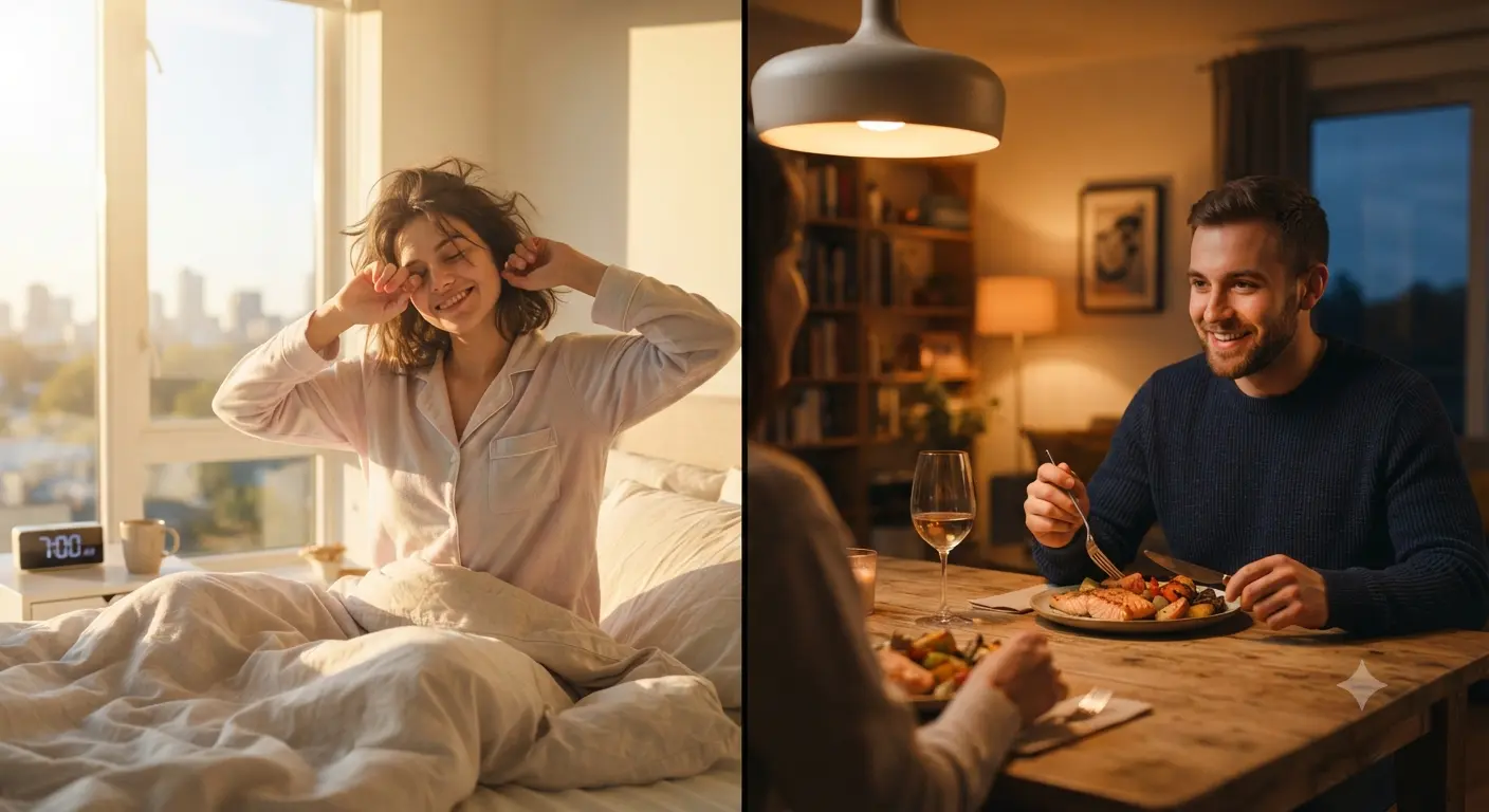 A woman waking up in the morning and a couple having dinner in the evening