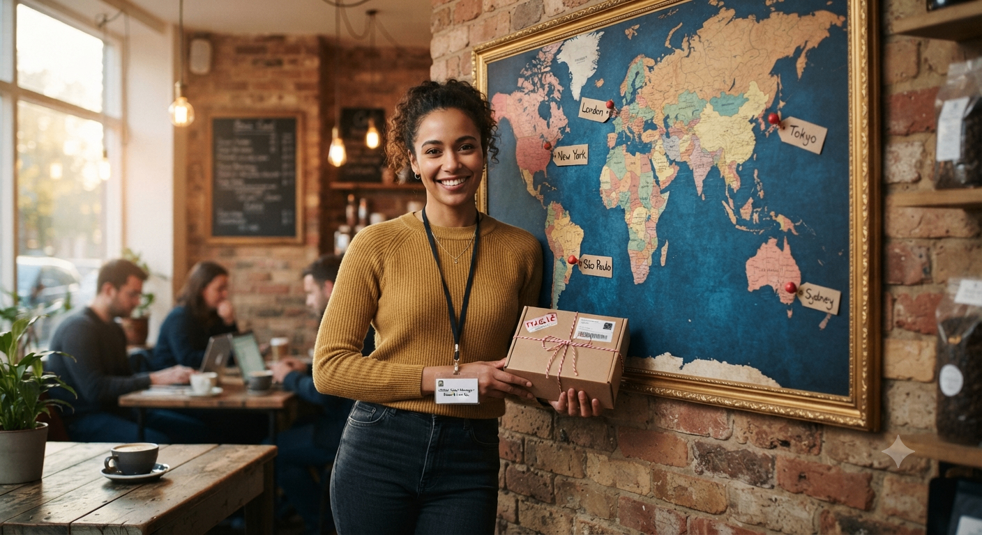 Sales manager next to a world map with pins in six cities.