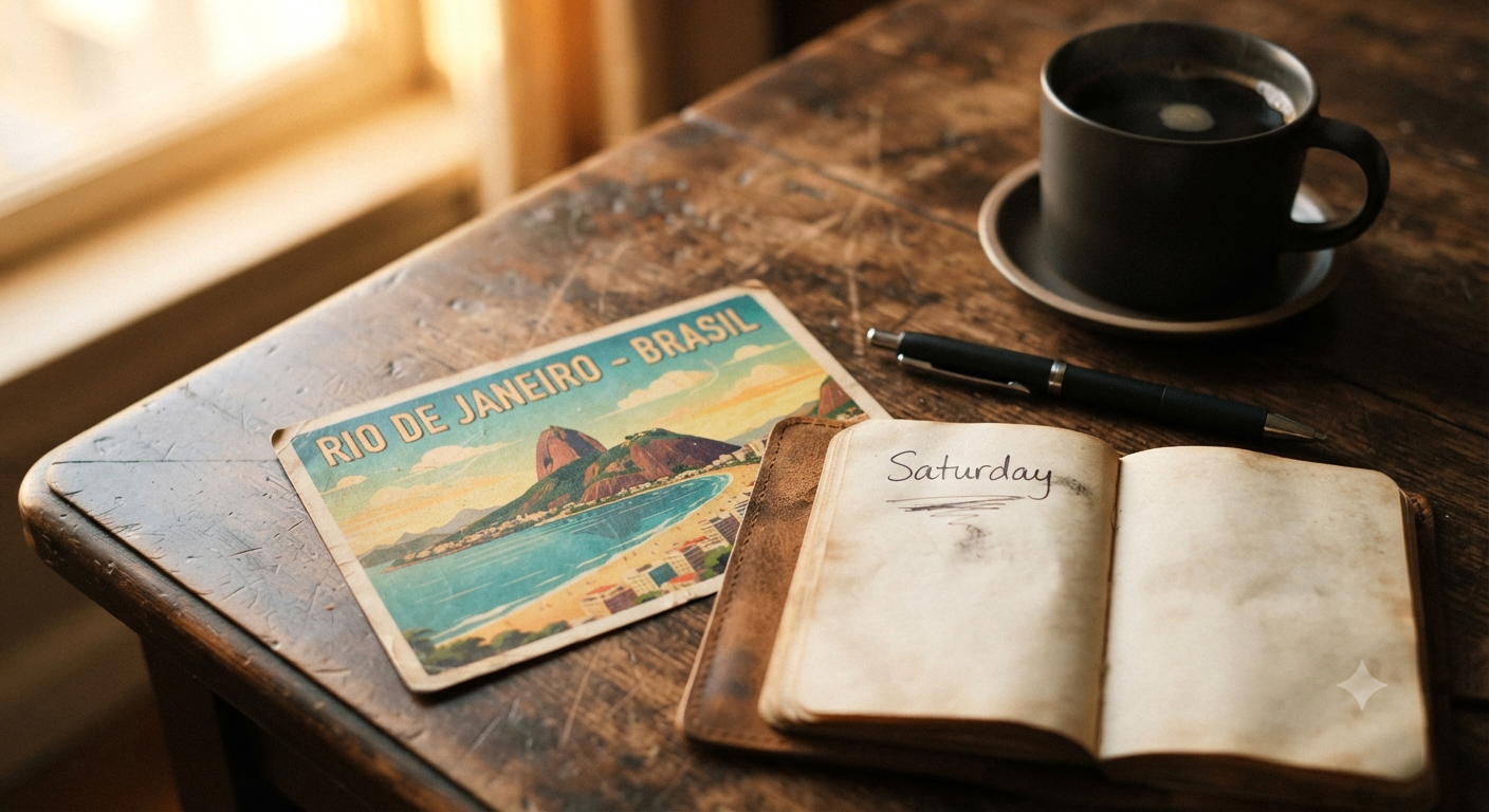 Vintage Rio postcard next to coffee and a notebook