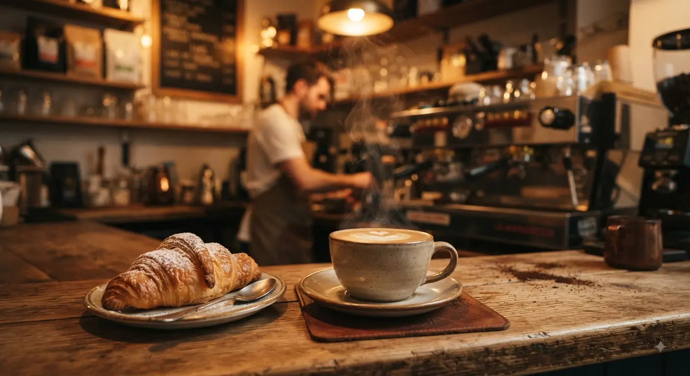 A variety of drinks and food in a cafe setting.