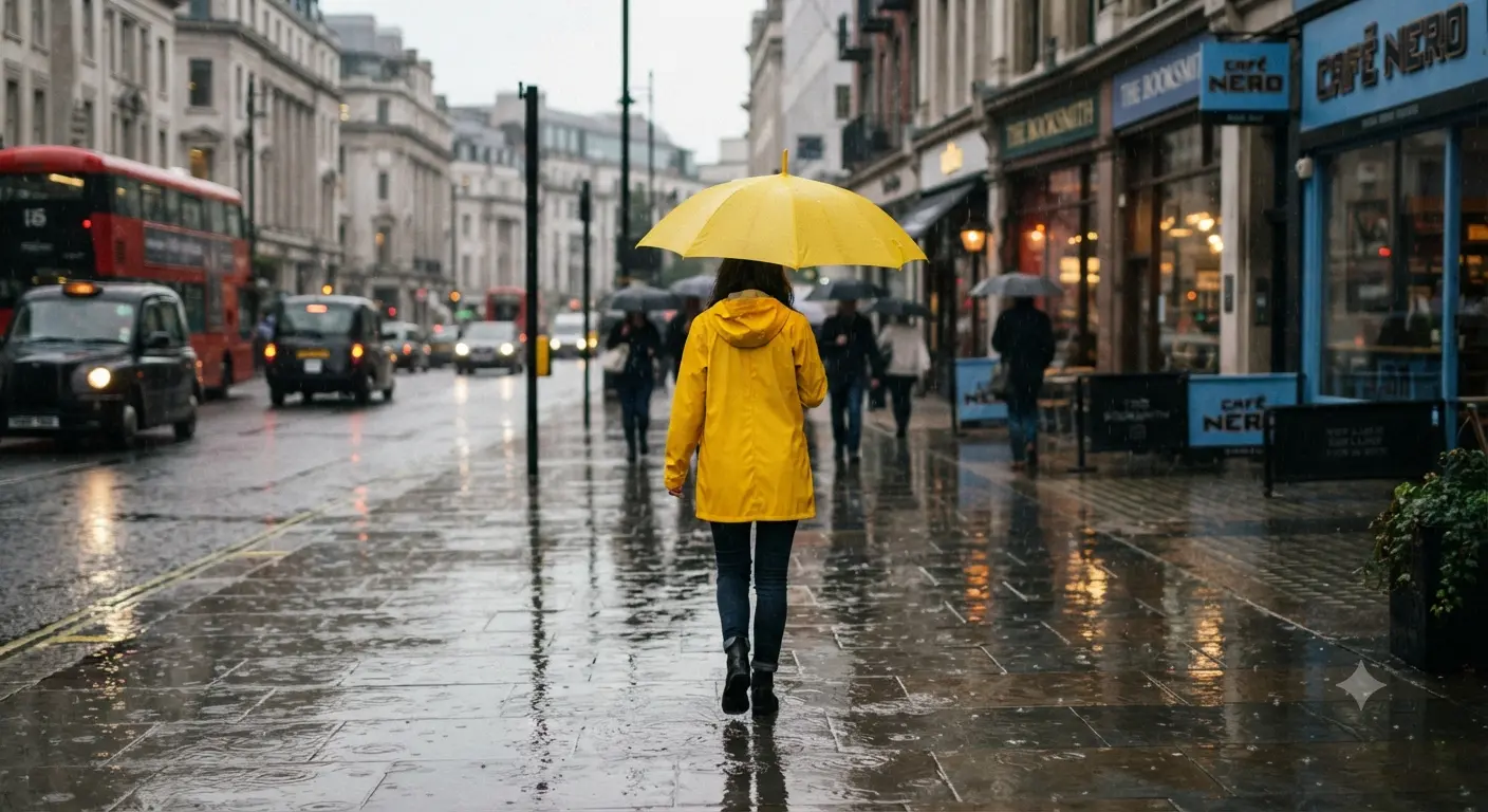 A woman with a yellow umbrella and raincoat walking on a rainy city street