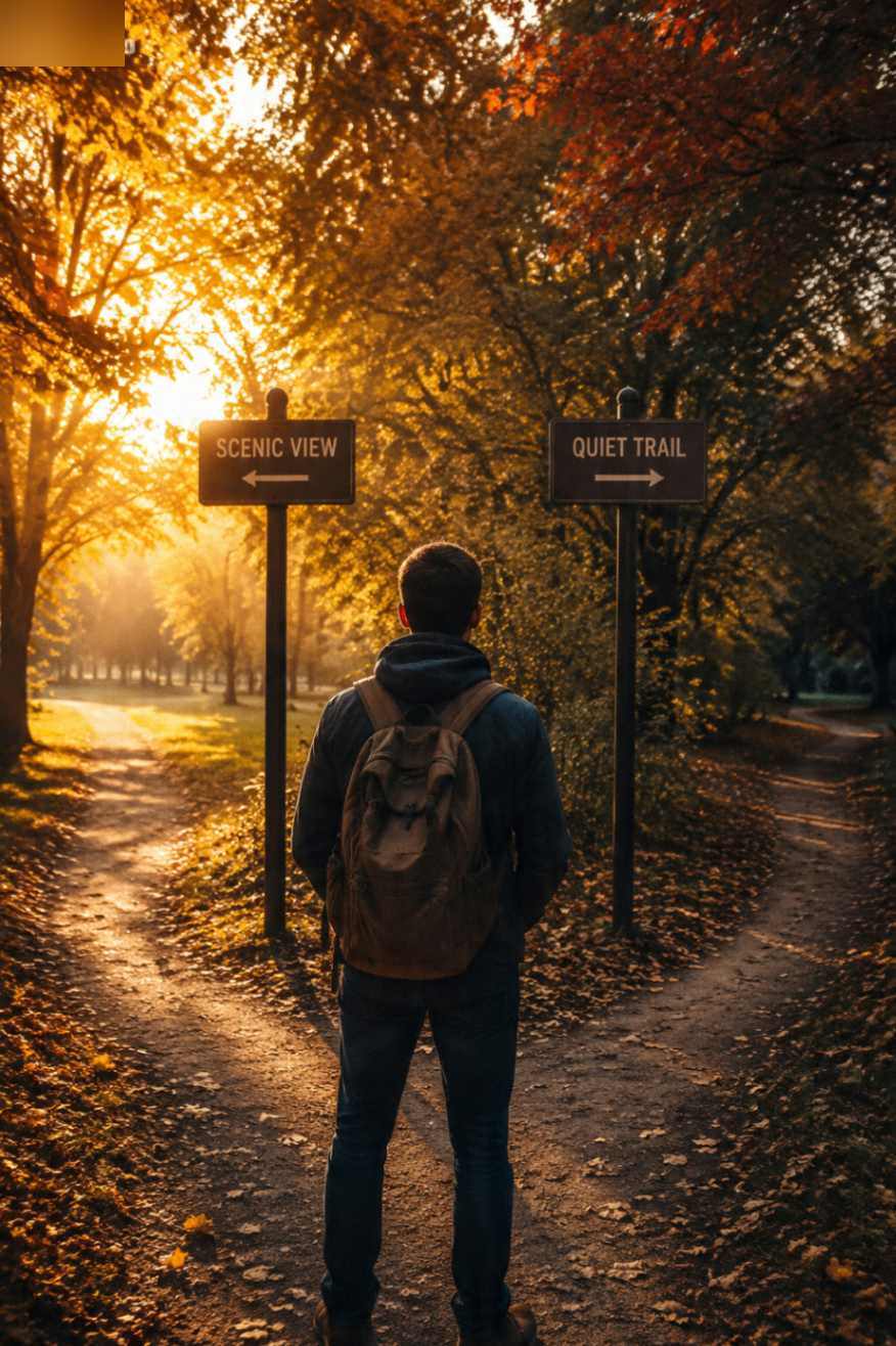 Two friends sitting side by side on a bench in an autumn park, both holding identical coffee cups.