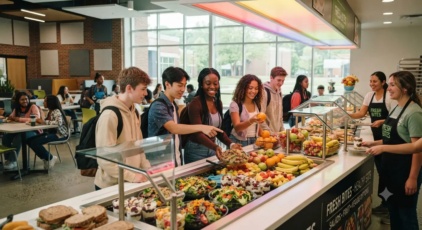 A modern school cafeteria with students choosing healthy food options.