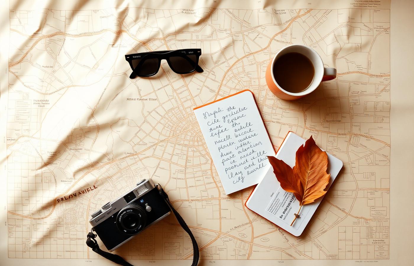 City explorer's desk: map, camera, notebook, coffee